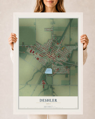 Map of Deshler, Ohio, 24 x 36 inch print in a white wood frame