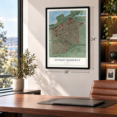Detroit Shoreway, Ohio map, 18 x 24 inch print in a black frame in a home office
