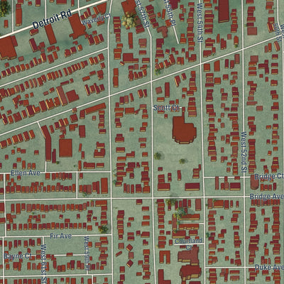 Close-up of the map of Detroit Shoreway, Ohio print showing street and building detail