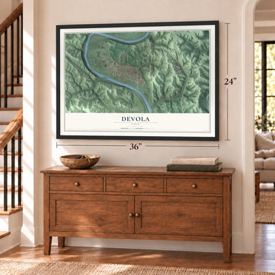 Devola, Ohio map, 24 x 36 inch print in a black frame above a dresser by a staircase
