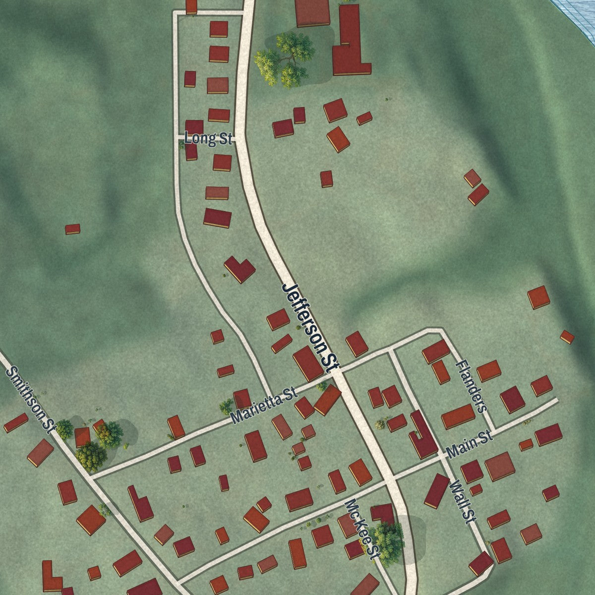 Close-up of the map of Dexter City, Ohio print showing street and building detail
