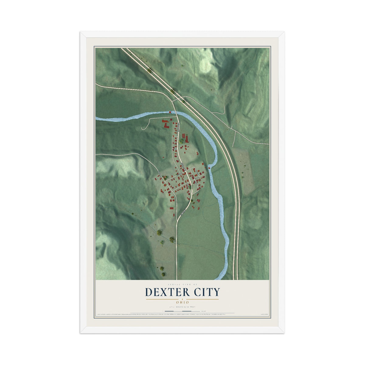 Map of Dexter City, Ohio, 12 x 18 inch print in a white wood frame