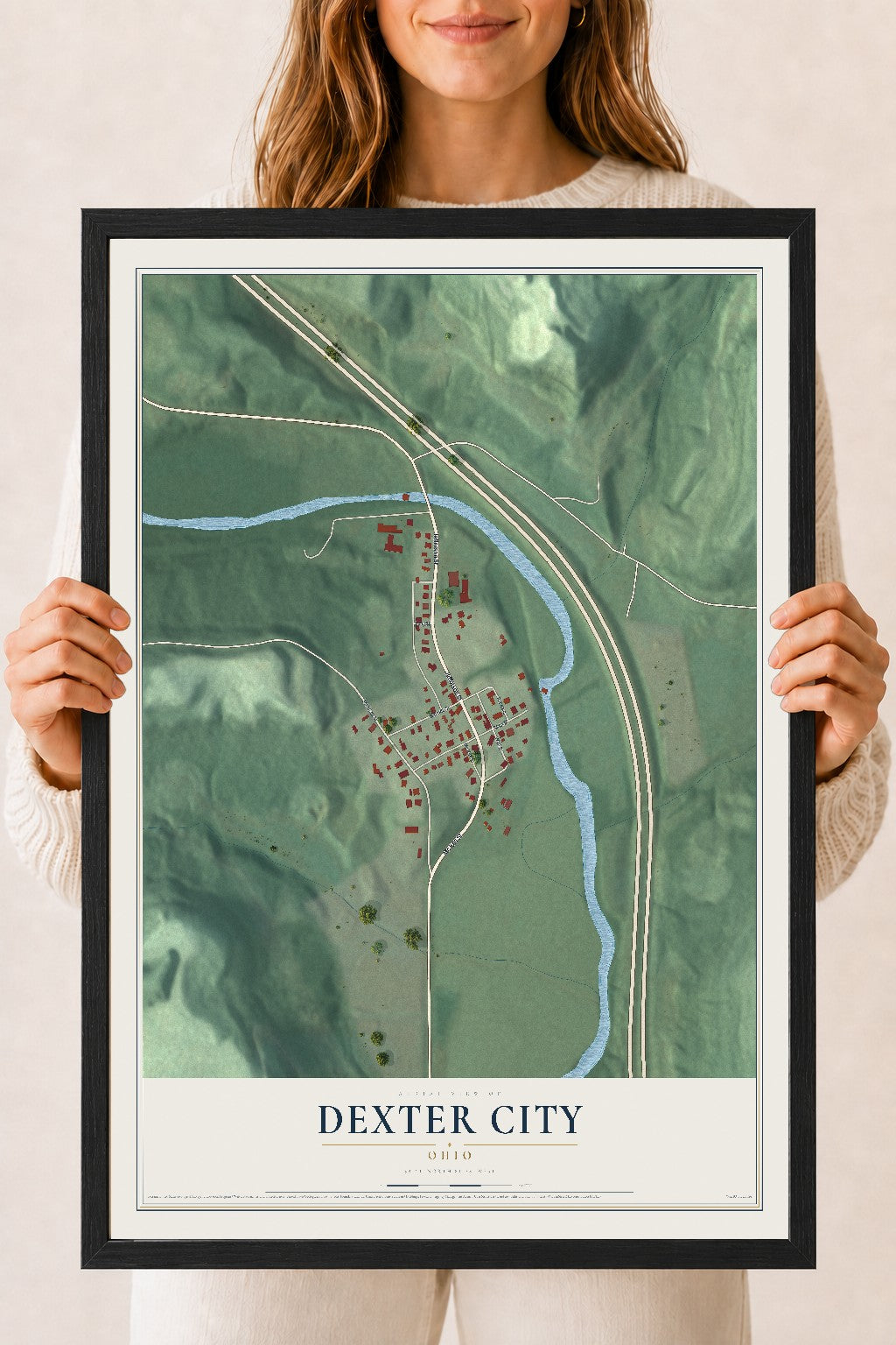 Map of Dexter City, Ohio, 18 x 24 inch print in a black wood frame