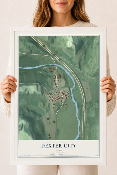 Map of Dexter City, Ohio, 18 x 24 inch print in a white wood frame