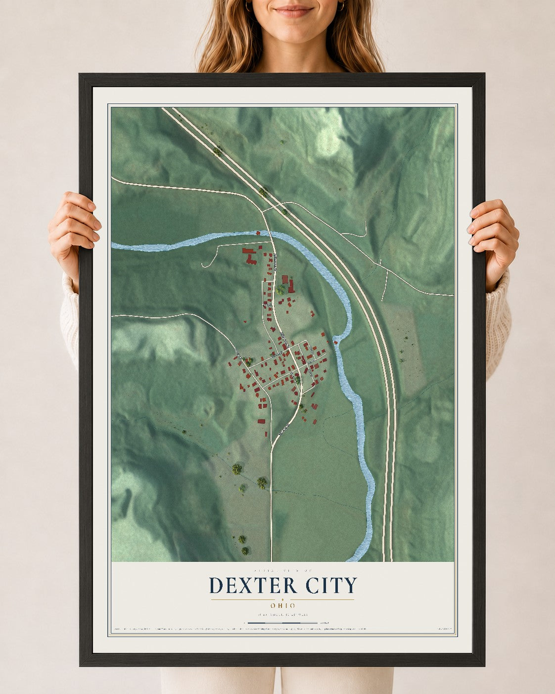 Map of Dexter City, Ohio, 24 x 36 inch print in a black wood frame