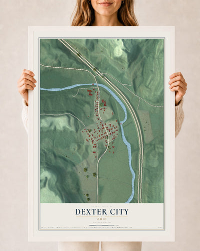 Map of Dexter City, Ohio, 24 x 36 inch print in a white wood frame