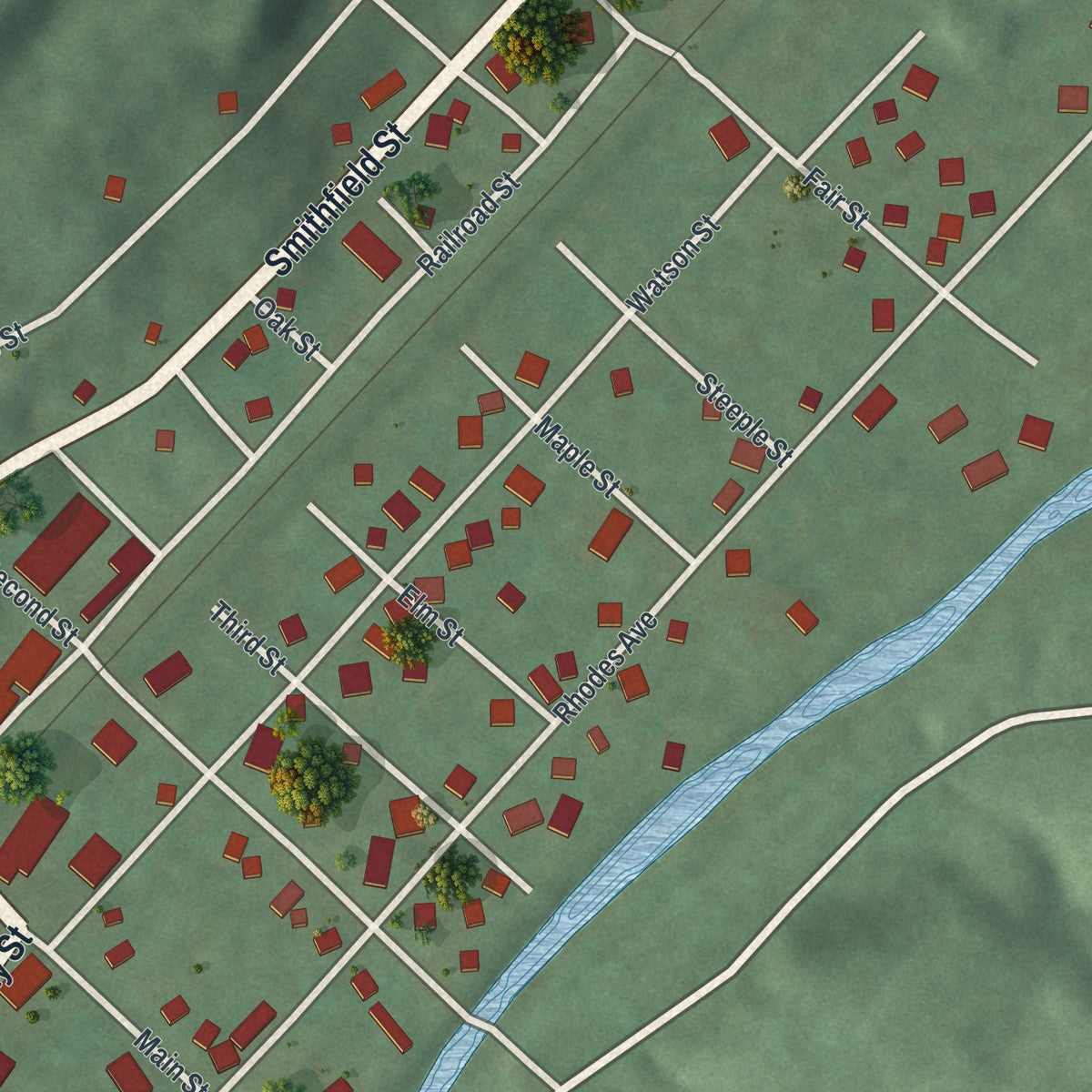 Close-up of the map of Dillonvale, Ohio print showing street and building detail