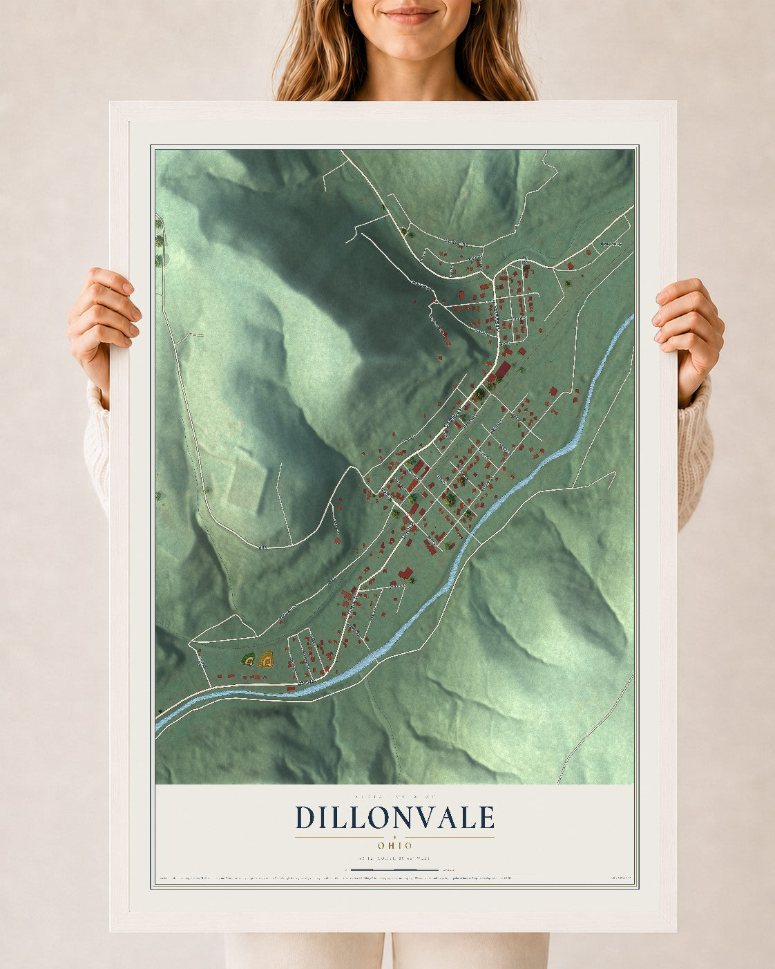 Map of Dillonvale, Ohio, 24 x 36 inch print in a white wood frame
