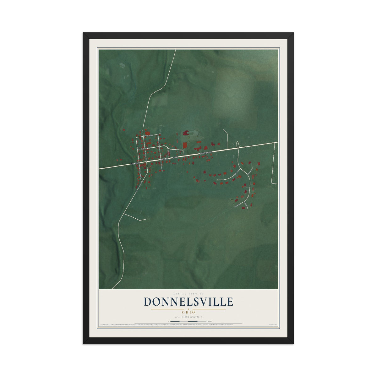 Map of Donnelsville, Ohio, 12 x 18 inch print in a black wood frame