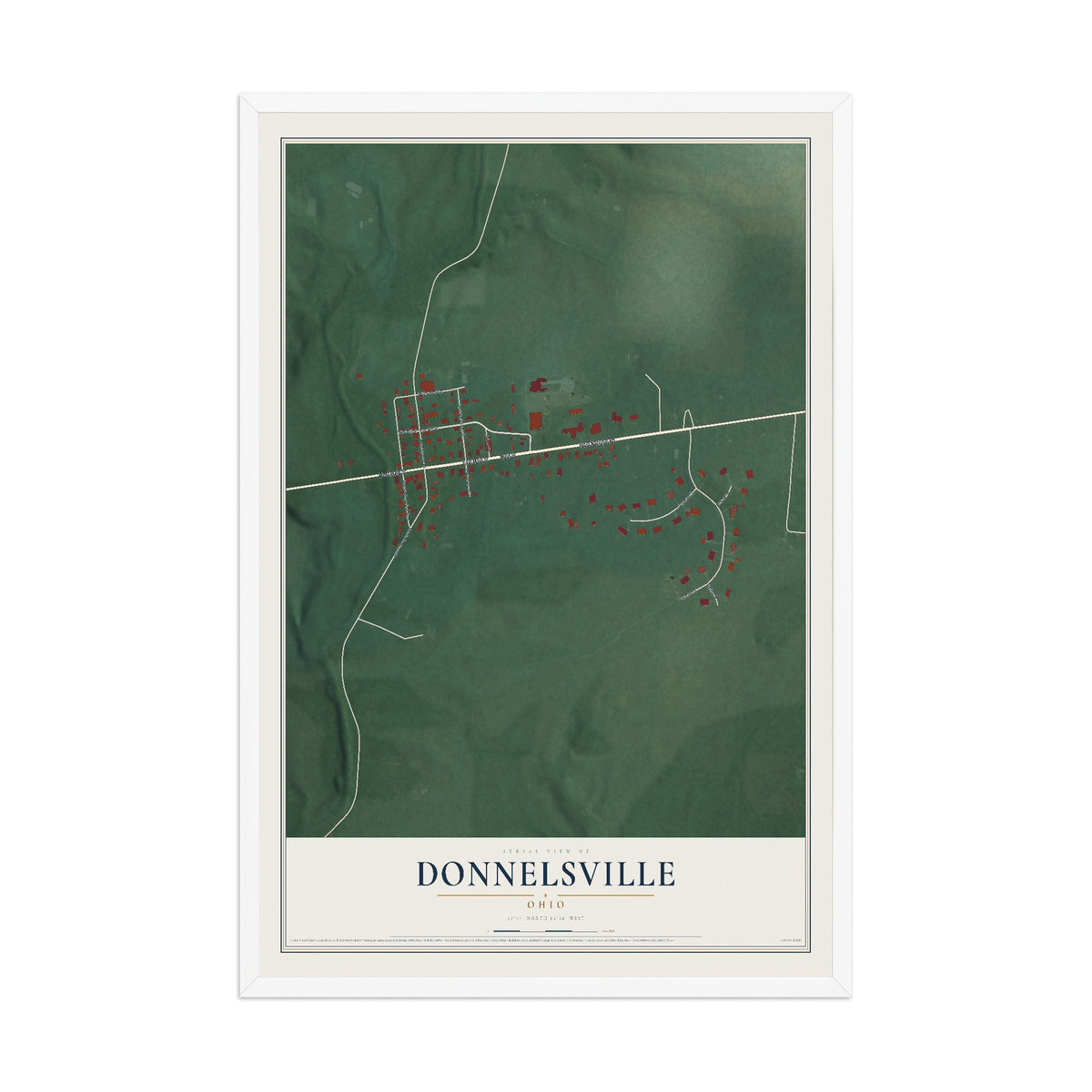 Map of Donnelsville, Ohio, 12 x 18 inch print in a white wood frame