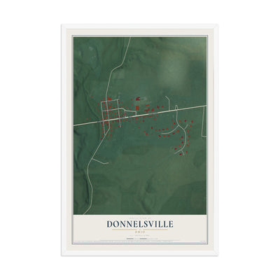 Map of Donnelsville, Ohio, 12 x 18 inch print in a white wood frame