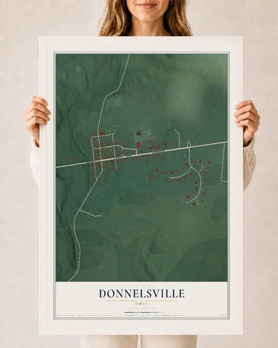 Map of Donnelsville, Ohio, 24 x 36 inch print in a white wood frame