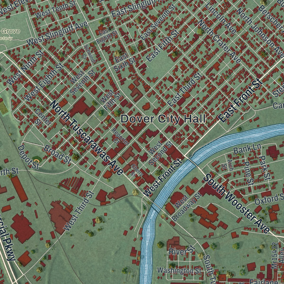 Close-up of the map of Dover, Ohio print showing street and building detail