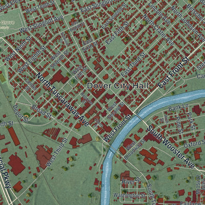Close-up of the map of Dover, Ohio print showing street and building detail