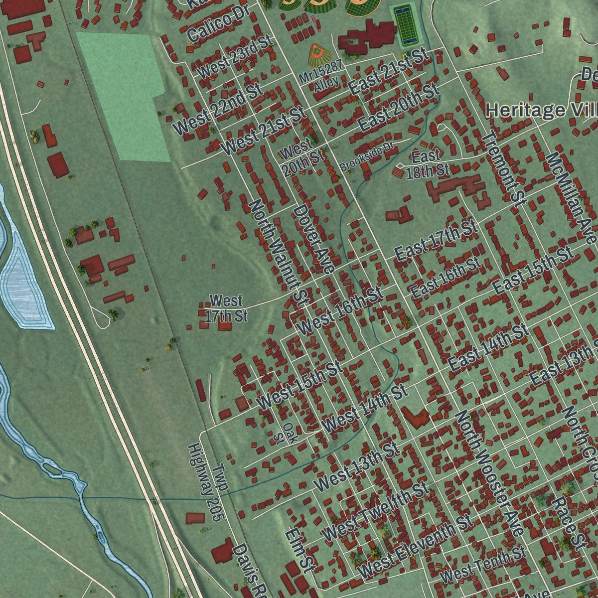 Second close-up of the map of Dover, Ohio print showing more streets and buildings