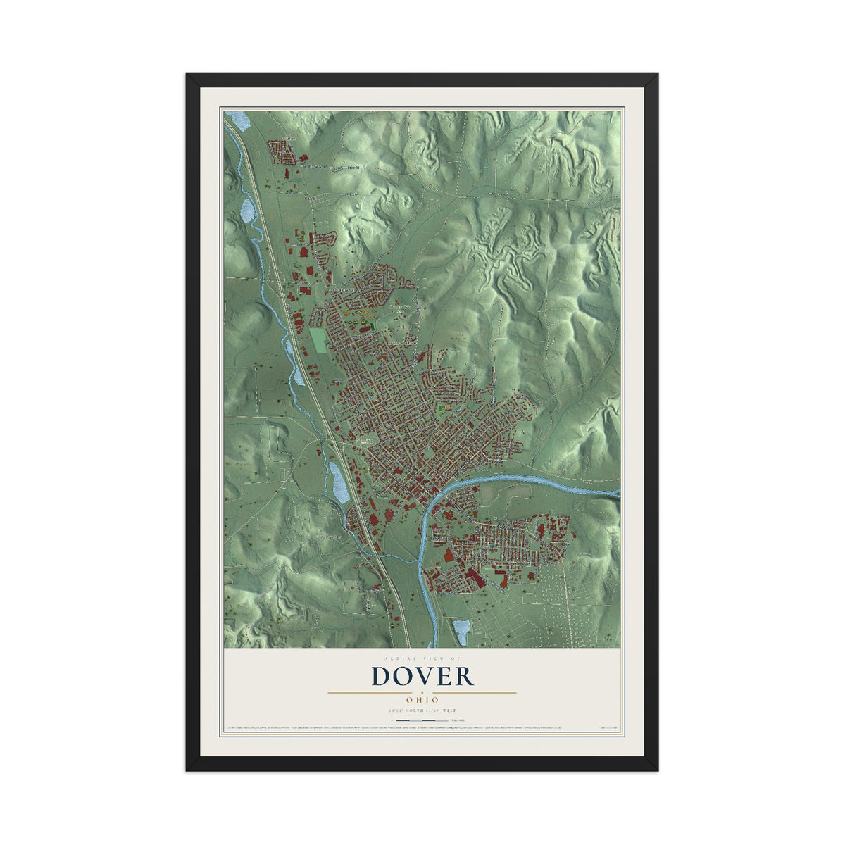 Map of Dover, Ohio, 12 x 18 inch print in a black wood frame