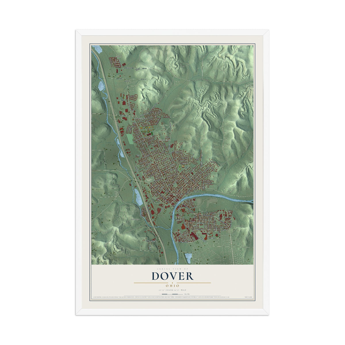 Map of Dover, Ohio, 12 x 18 inch print in a white wood frame