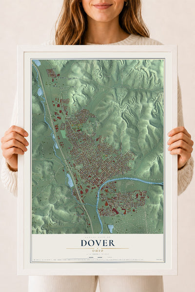 Map of Dover, Ohio, 18 x 24 inch print in a white wood frame