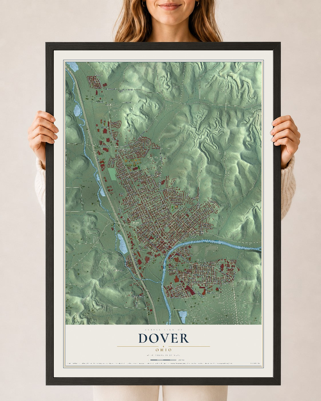 Map of Dover, Ohio, 24 x 36 inch print in a black wood frame