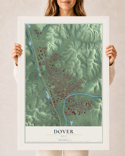 Map of Dover, Ohio, 24 x 36 inch print in a white wood frame
