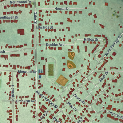 Close-up of the map of Doylestown, Ohio print showing street and building detail
