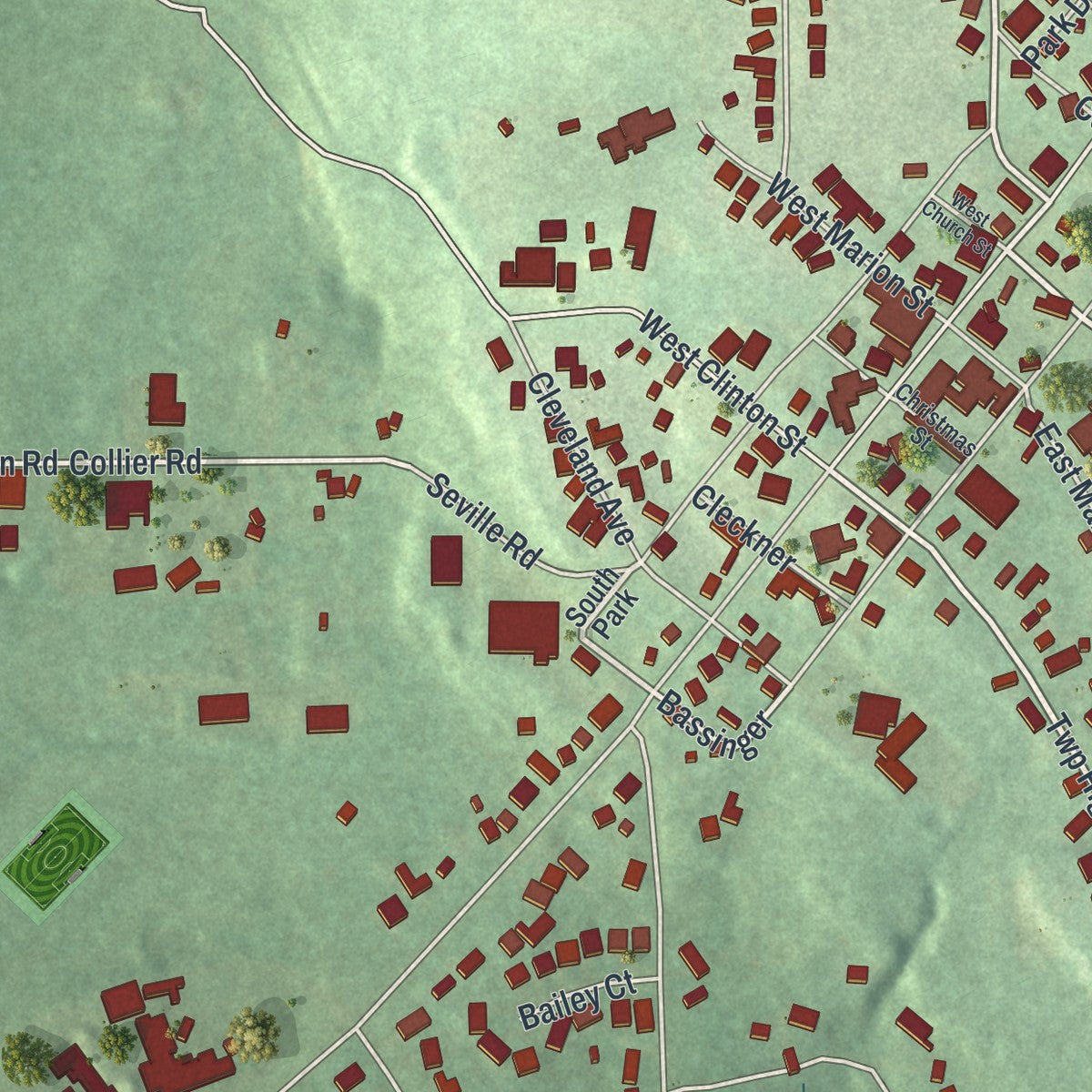 Second close-up of the map of Doylestown, Ohio print showing more streets and buildings