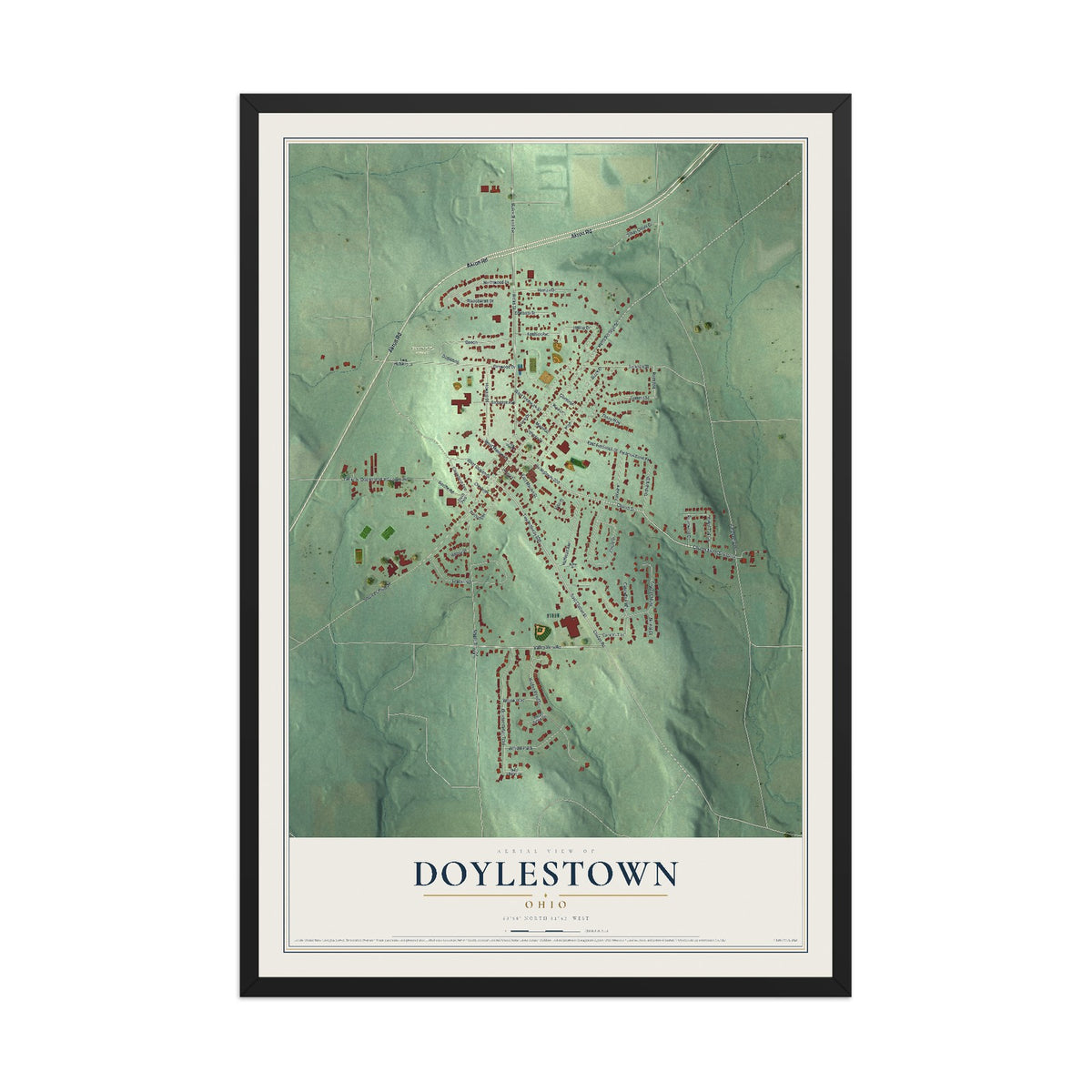 Map of Doylestown, Ohio, 12 x 18 inch print in a black wood frame