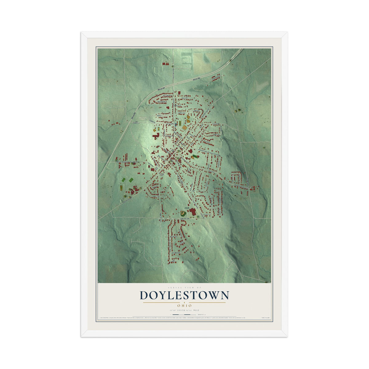 Map of Doylestown, Ohio, 12 x 18 inch print in a white wood frame