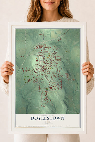 Map of Doylestown, Ohio, 18 x 24 inch print in a white wood frame