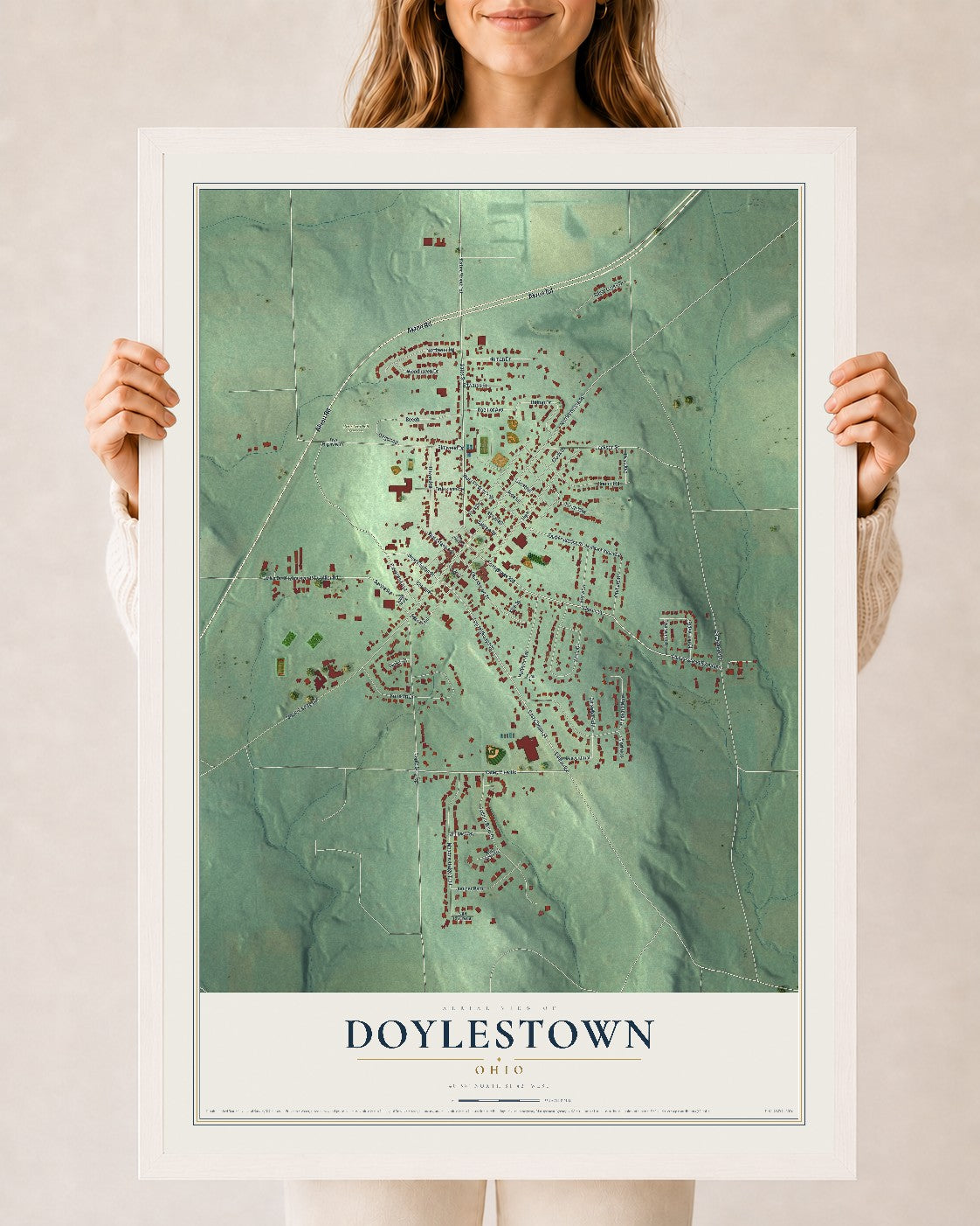 Map of Doylestown, Ohio, 24 x 36 inch print in a white wood frame