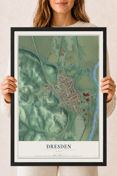 Map of Dresden, Ohio, 18 x 24 inch print in a black wood frame