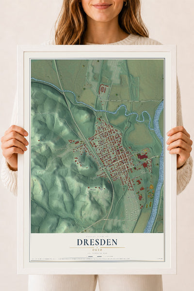 Map of Dresden, Ohio, 18 x 24 inch print in a white wood frame