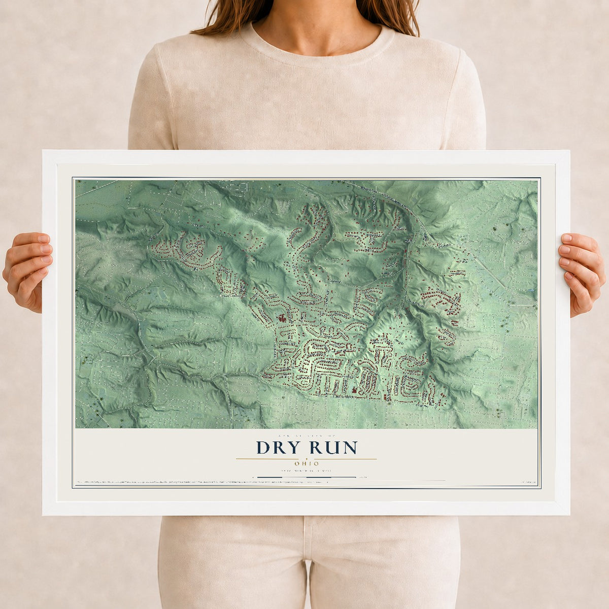 Map of Dry Run, Ohio, 12 x 18 inch print in a white wood frame