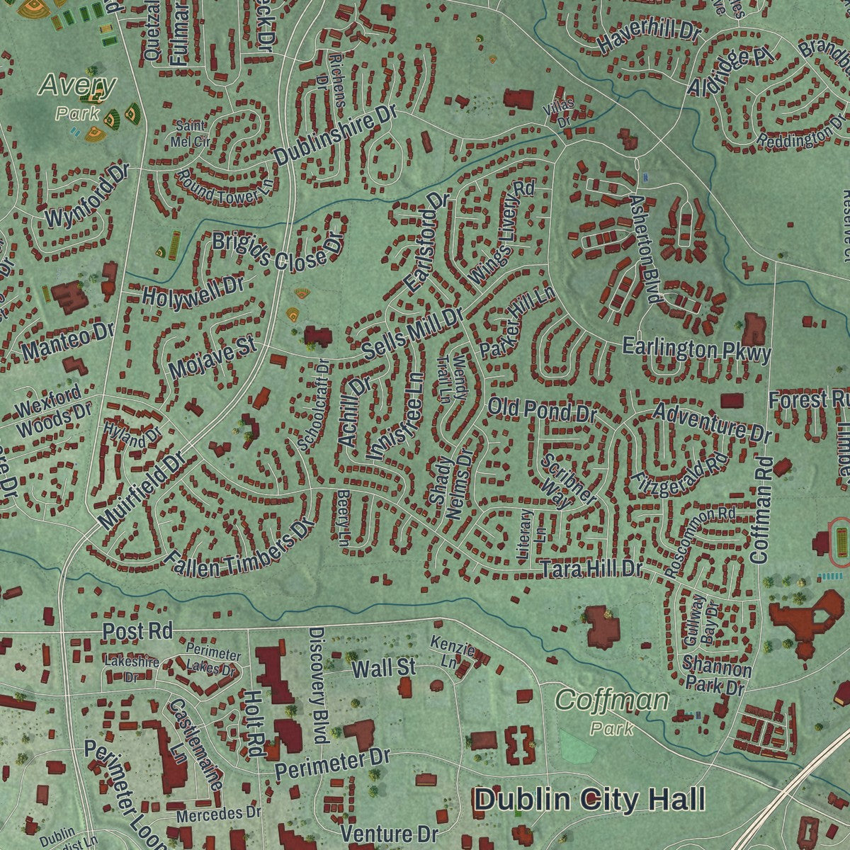 Close-up of the map of Dublin, Ohio print showing street and building detail