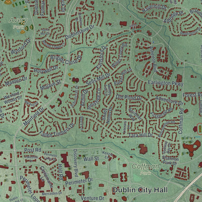 Close-up of the map of Dublin, Ohio print showing street and building detail