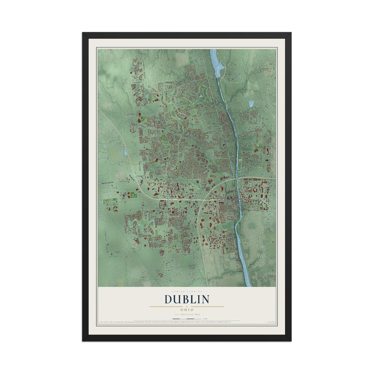 Map of Dublin, Ohio, 12 x 18 inch print in a black wood frame