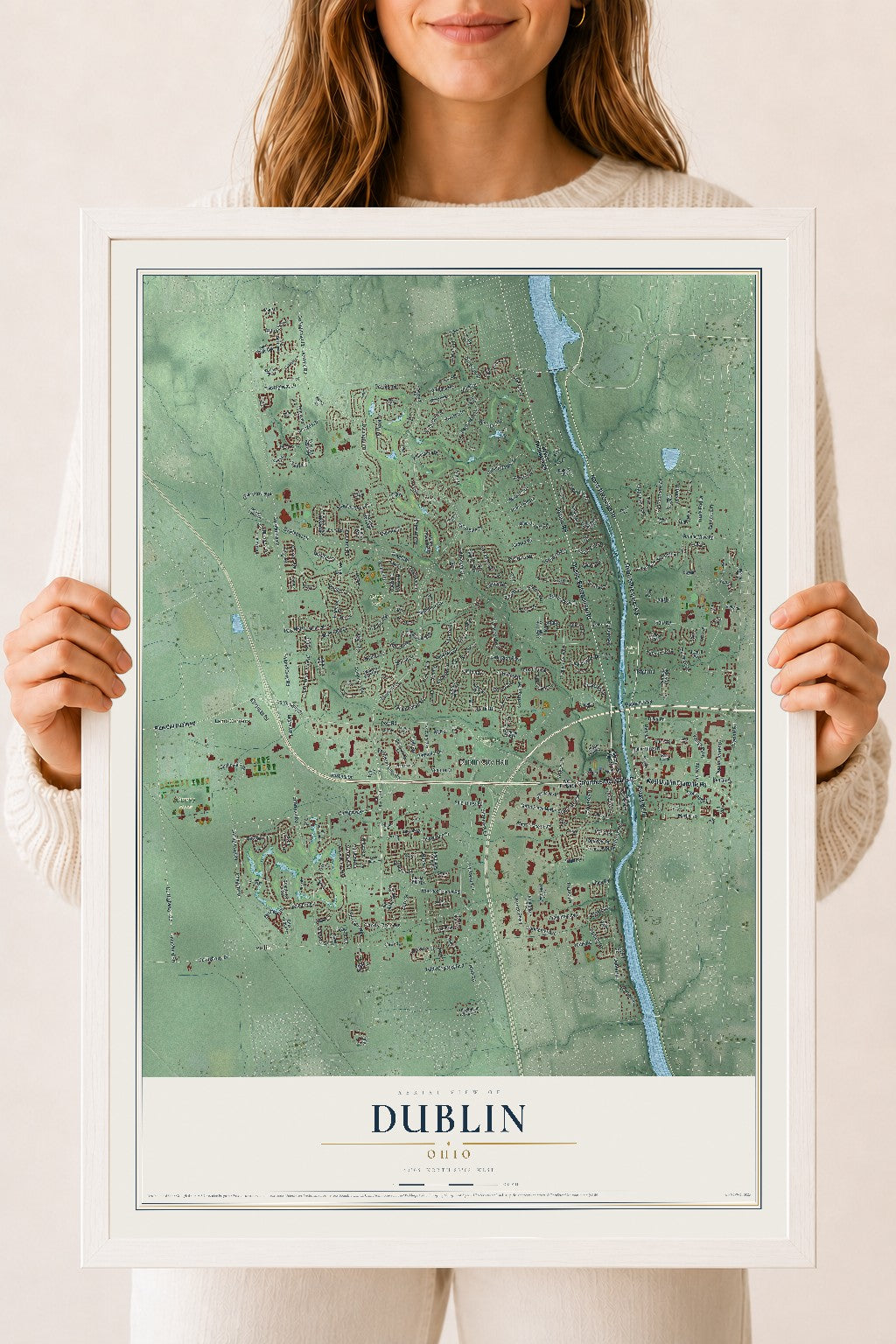 Map of Dublin, Ohio, 18 x 24 inch print in a white wood frame
