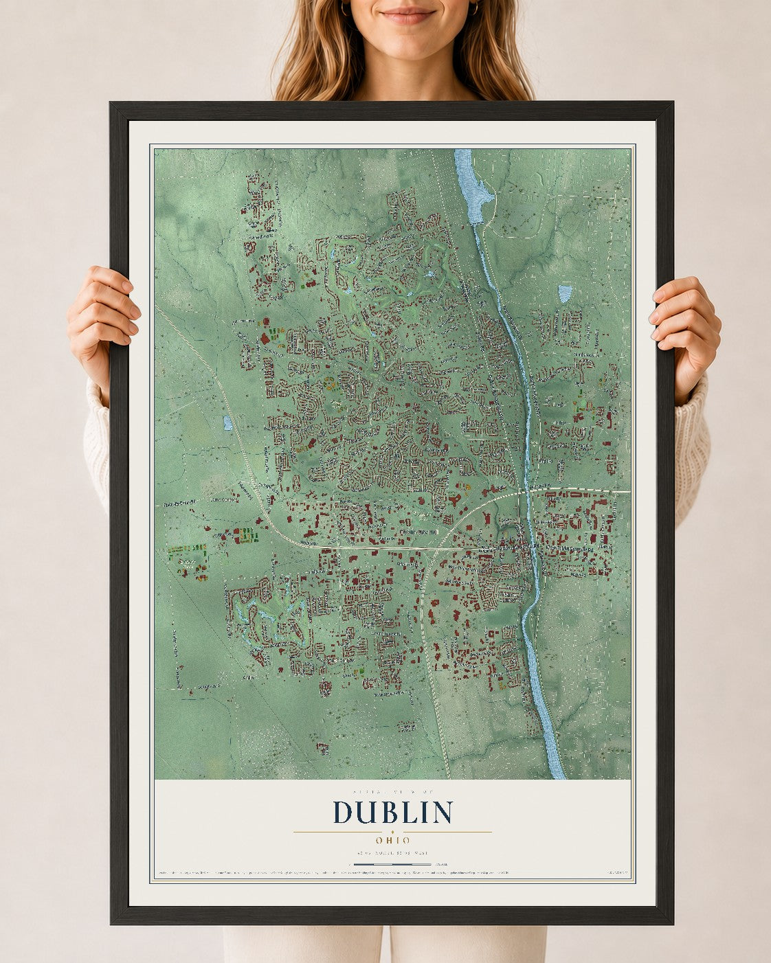Map of Dublin, Ohio, 24 x 36 inch print in a black wood frame