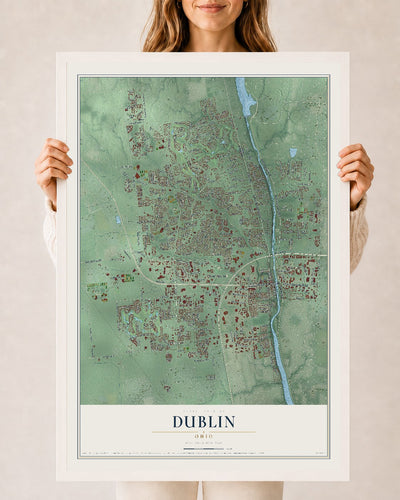 Map of Dublin, Ohio, 24 x 36 inch print in a white wood frame