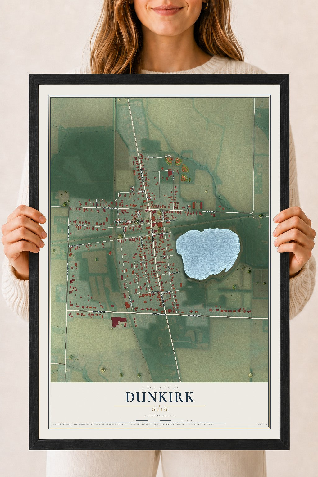 Map of Dunkirk, Ohio, 18 x 24 inch print in a black wood frame
