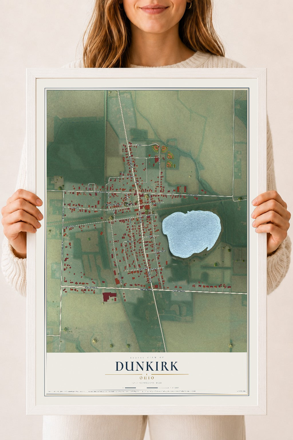 Map of Dunkirk, Ohio, 18 x 24 inch print in a white wood frame