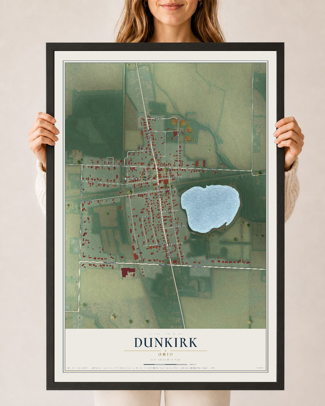 Map of Dunkirk, Ohio, 24 x 36 inch print in a black wood frame