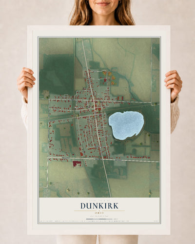 Map of Dunkirk, Ohio, 24 x 36 inch print in a white wood frame