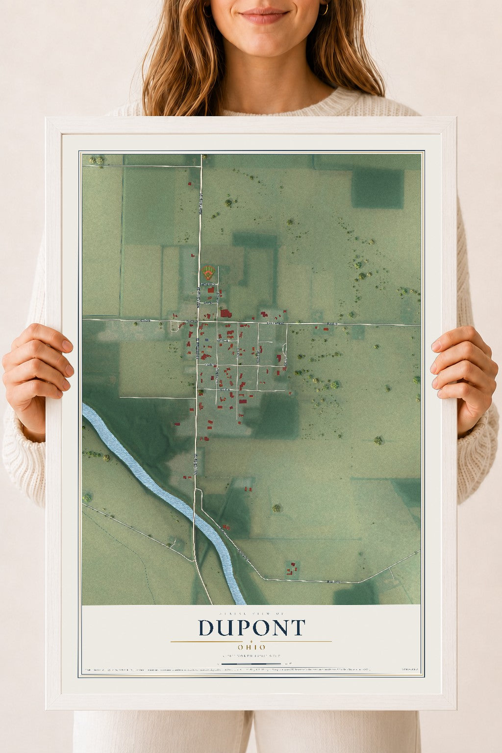 Map of Dupont, Ohio, 18 x 24 inch print in a white wood frame