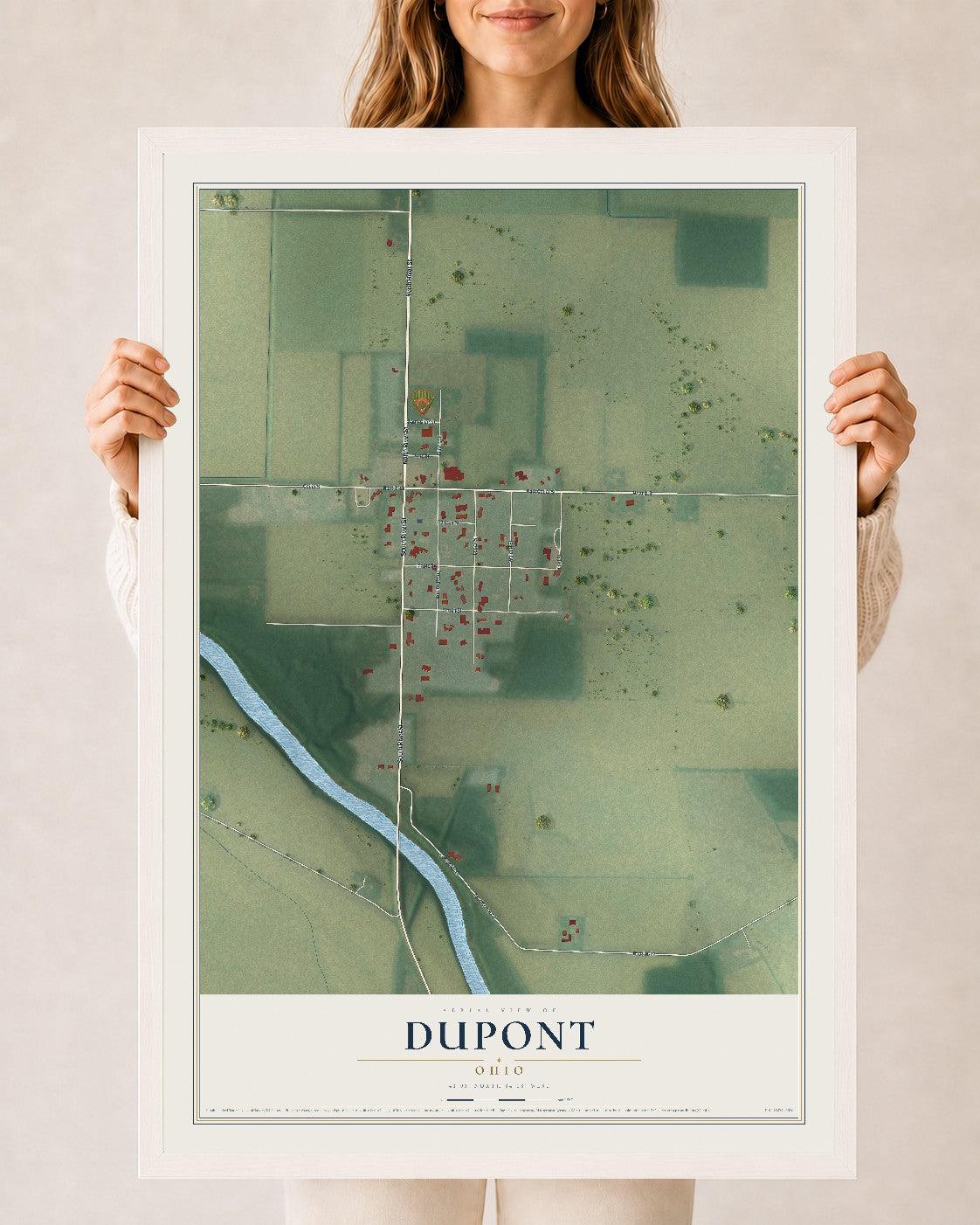 Map of Dupont, Ohio, 24 x 36 inch print in a white wood frame