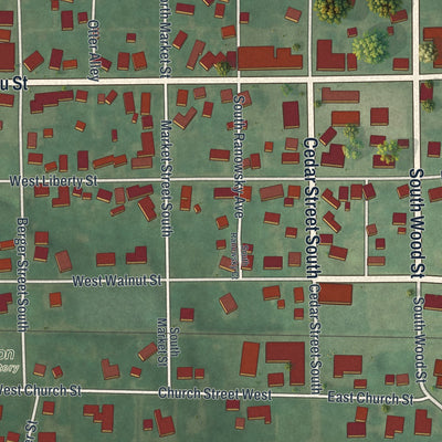 Close-up of the map of East Canton, Ohio print showing street and building detail
