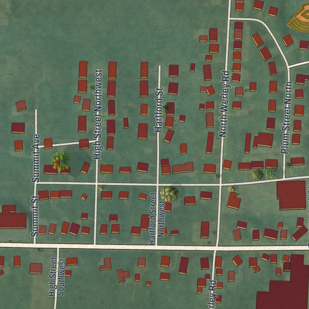 Second close-up of the map of East Canton, Ohio print showing more streets and buildings