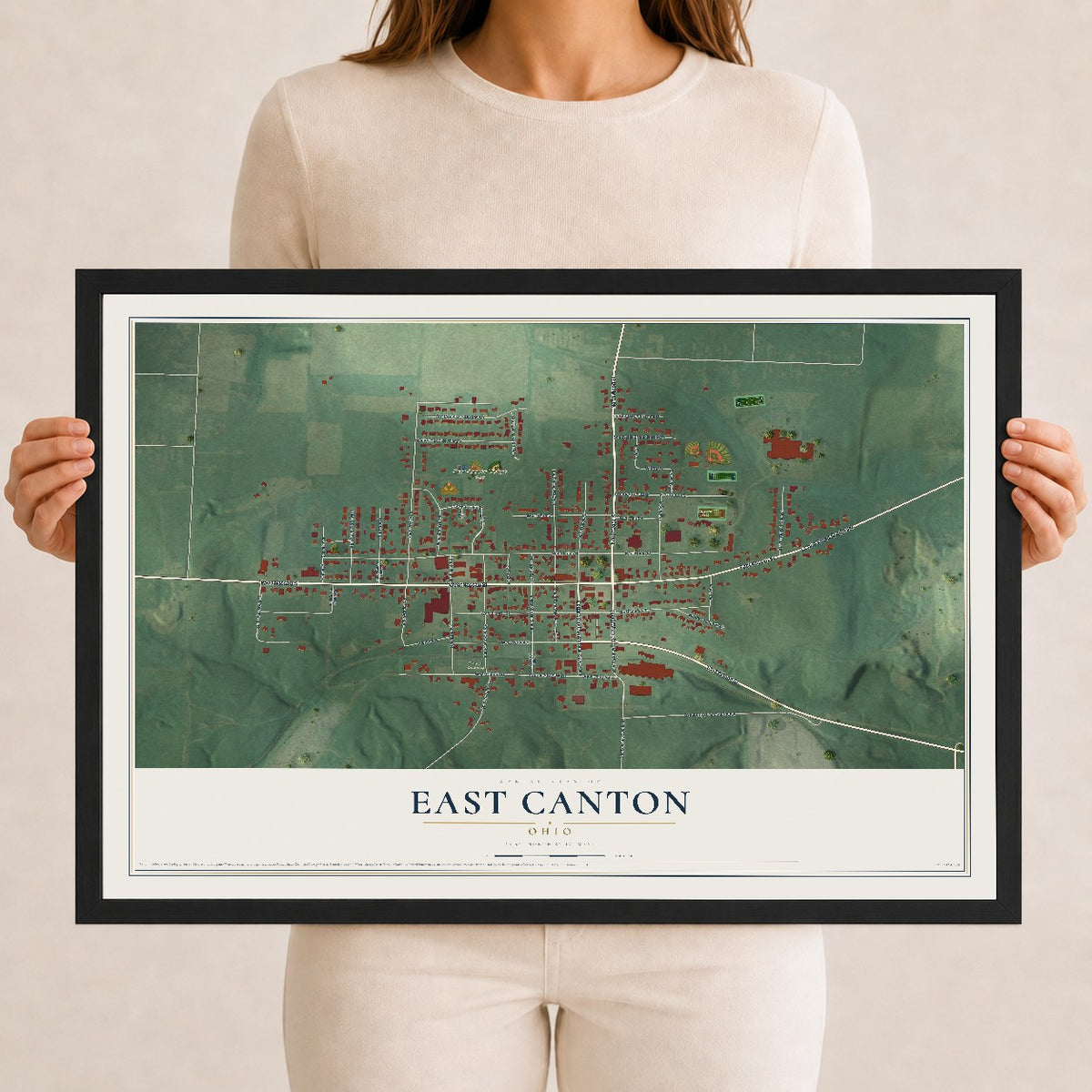 Map of East Canton, Ohio, 12 x 18 inch print in a black wood frame