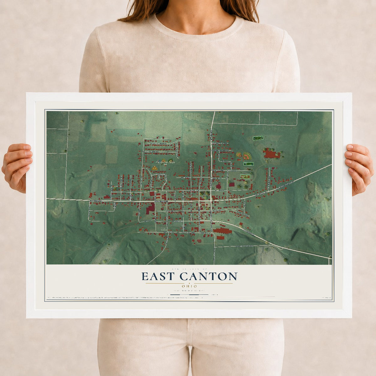 Map of East Canton, Ohio, 12 x 18 inch print in a white wood frame