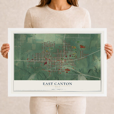Map of East Canton, Ohio, 12 x 18 inch print in a white wood frame